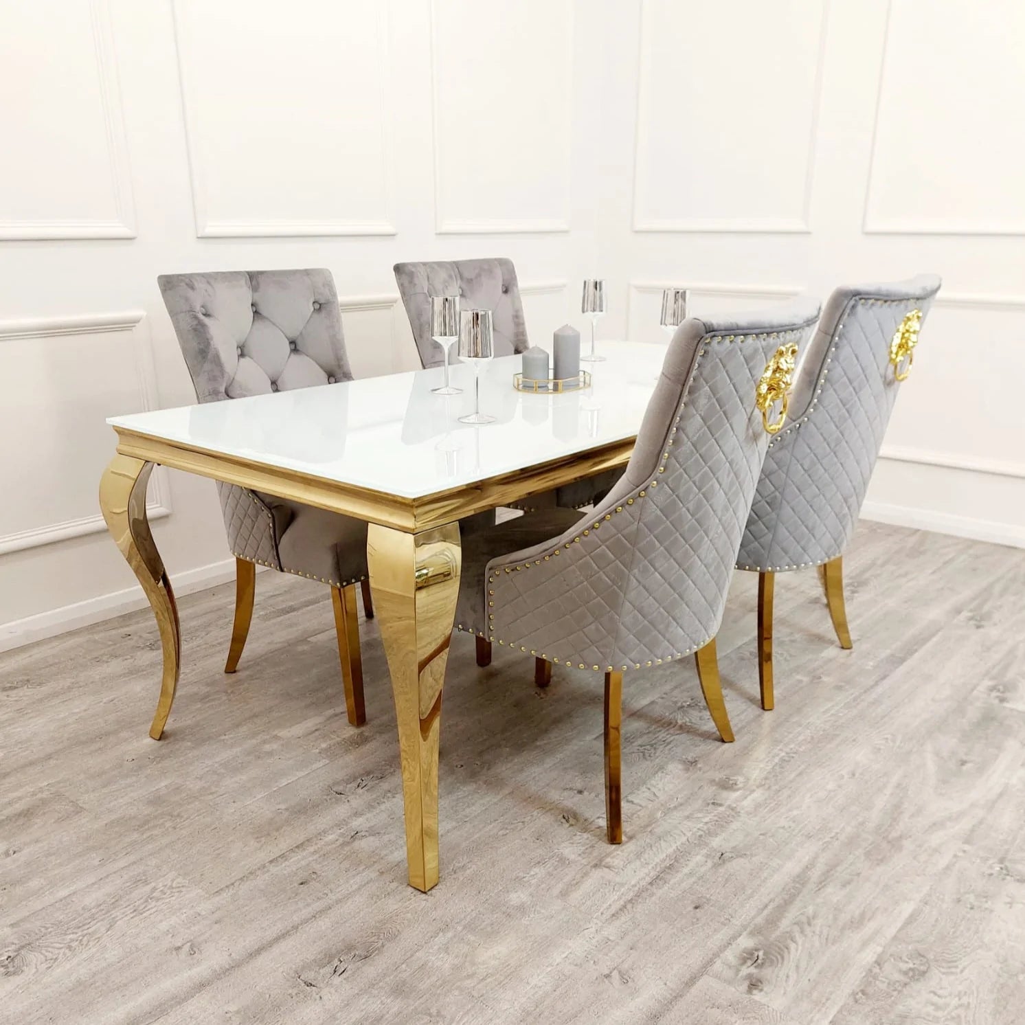 2m Gold Louis Dining Table With gold Bentley fabric Chairs