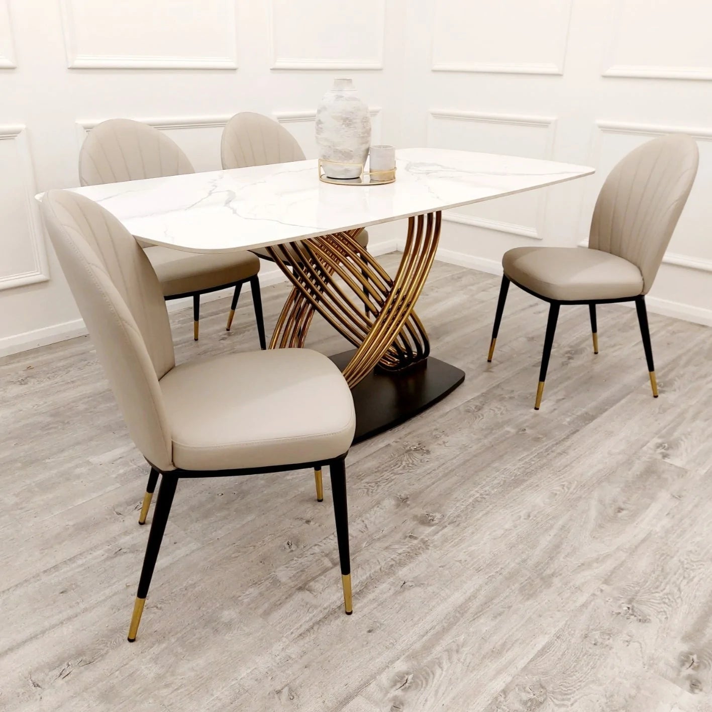 Orion 1.8M Sintered Stone In White And Grey With Leather Etta Dining Chairs