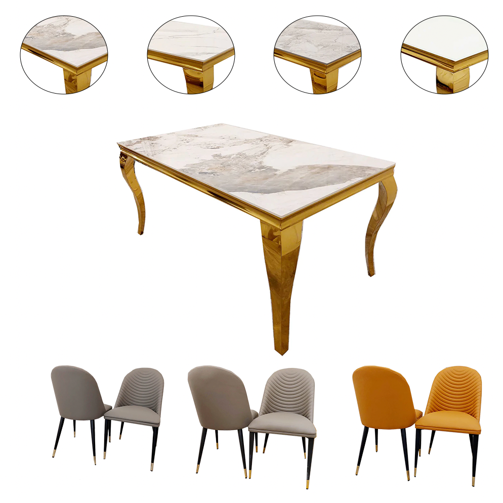 2m Gold Louis Dining Table With Alba Dining Chairs