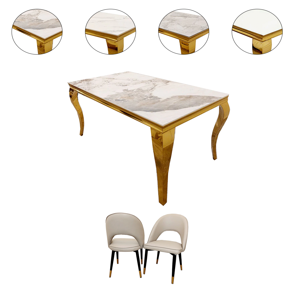 2m Gold Louis Dining Table With Astra Dining Chairs