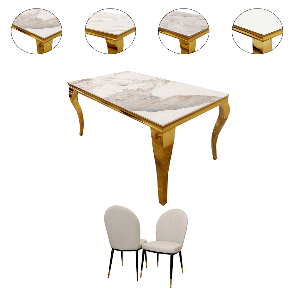 2m Gold Louis Dining Table With Etta Dining Chairs