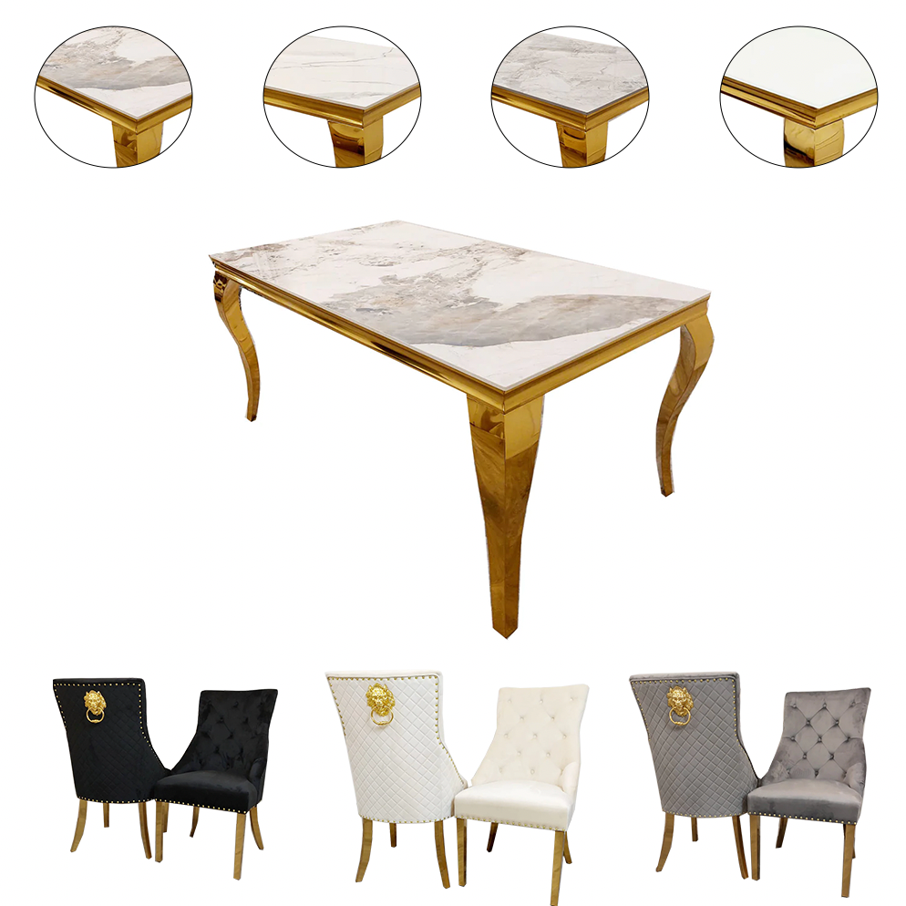 2m Gold Louis Dining Table With gold Bentley fabric Chairs